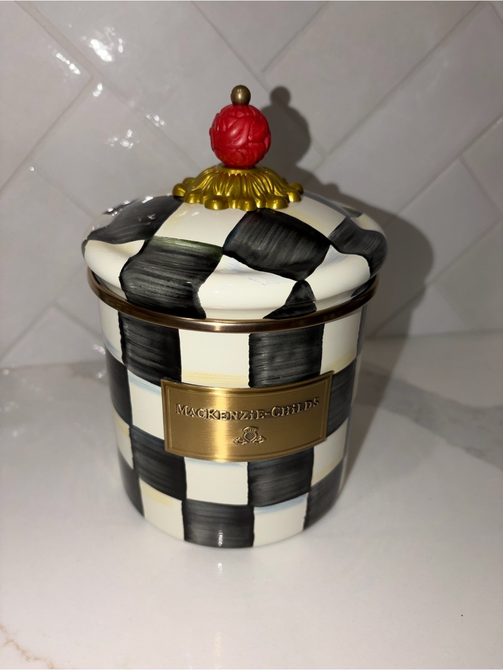 MacKenzie-Childs Black & White Checkered  Canister Red Finial Courtly Check NEW